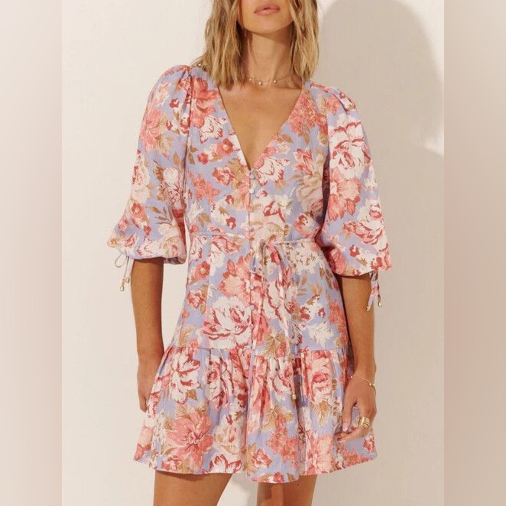 Kivari Alouette Danielle Linen Puff Sleeve Floral Mini Dress